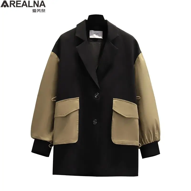 Blazer Oversize Femme Korean Style Women&#39;s Jacket Coat Contrast Color Stitching  - £179.50 GBP