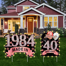 Rose Gold 40Th Birthday Yard Sign Decoration 2Pcs with String Lights for... - £18.17 GBP