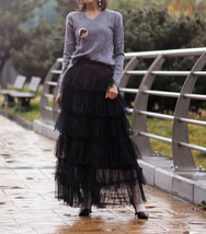 Black Tiered Tulle Maxi Skirt Women Custom Plus Size Layered Tulle Skirt