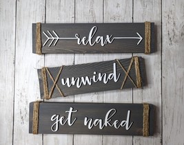 Rustic Wood Bathroom Signs - Relax Unwind Get Naked Set of 3 Signs - 3D Letters - £22.41 GBP