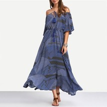 Women&#39;s Boho Off The Shoulder Frill Tassle Maxi Dress Blue Small - £7.92 GBP