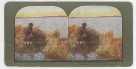c1900&#39;s Colorized Stereoview Just Out Of Range.  Duck Hunter in Reeds By Lake - £7.52 GBP