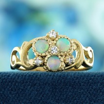 9K Yellow Gold Natural Opal and Diamond Vintage Style Floral Ring - £348.15 GBP