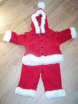 Size 6-9 Months Santa Suit Outfit Fleece Hoodie &amp; Pants Red White Faux Fur EUC - £15.98 GBP