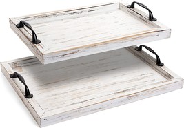 Gennua Kitchen Rustic Wooden Serving Tray Set With Metal Handles | 2 Nesting - £36.13 GBP