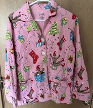 Nick &amp; Nora Pajama Top Pink Sock Monkey Christmas Tree Lights Button Down Size M - £18.56 GBP