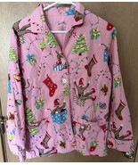 Nick &amp; Nora Pajama Top Pink Sock Monkey Christmas Tree Lights Button Dow... - £18.68 GBP