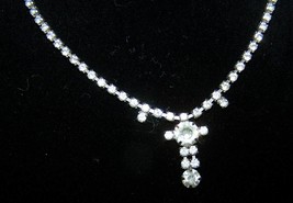 Simple Silvertone Rhinestone Necklace w/Cross Center-Lot 25 - £9.64 GBP