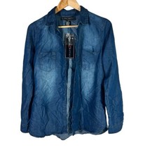 Polly &amp; Esther Women&#39;s Blue Denim Shirt Juniors Size Medium Button Up Floral Top - £17.99 GBP