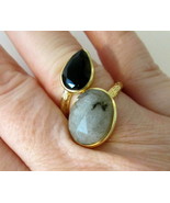 Gold Tone Bypass Ring with Black &amp; Whitish Gray Stones Untested Size App... - $14.00