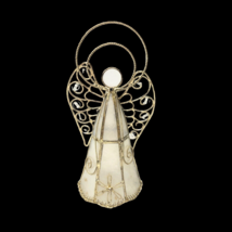 Vintage Capiz Shell Angel Figurine Tree Topper Gold Wire Frame Bead Accents 7&quot; - £10.34 GBP