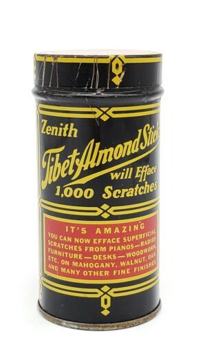 Zenith Tibet Almond Stick Advertising Tin Black Yellow Lettering Scratches Wood - $20.36