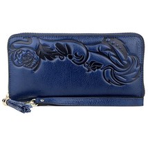 Prem Leather Large Capacity Embossing Flower Wallet  Long Vintage Zipper Purse M - £40.37 GBP