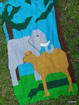 Vintage Hand Crochet Afgan Trip to the Zoo    Elephant and Camel 54 x 80&quot; - £43.71 GBP