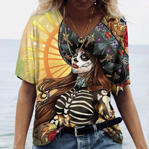 Dia de los muertos skull gothic steampunk Women&#39;s T Shirt Tops V Neck Ca... - $9.99