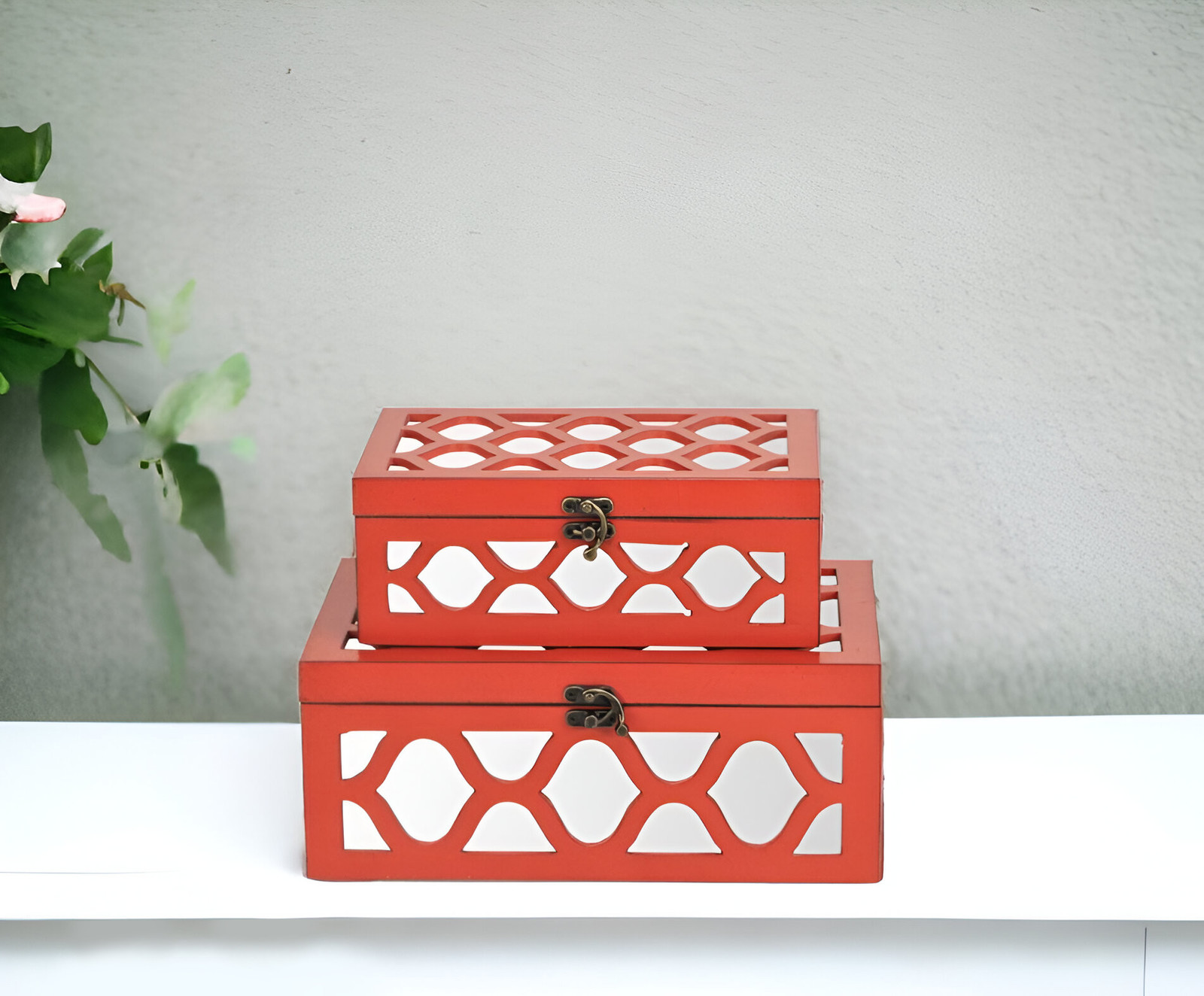 Set of Coral Quatrefoil Mirror Jewelry Storage Boxes - $113.19