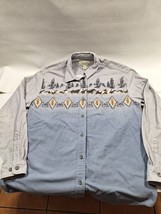 Vintage CABELAS Button Up Shirt Mens L Aztec Print Pattern Flannel Cowboy Blue - £23.15 GBP