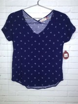 So Womens Juniors Size XXS Navy Blue Plant Leaves Popover Tee Short Sleeve Top - £9.79 GBP