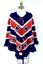 Vintage 70s Chunky Knit Poncho Red White Blue Fringe Lace Up Pom Poms OS - $38.56