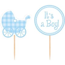 Blue Baby Shower Gingham 12 Picks for Cupcakes or Favors It&#39;s a Boy - £2.45 GBP