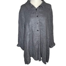 Flax Oversized Lagenlook Gray Plaid 100% Linen Button Front Top Shirt Tu... - £22.85 GBP