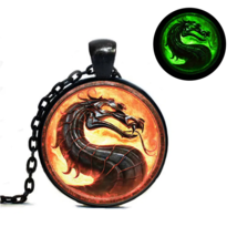 Vintage Mortal Kombat Glow in the Dark Glass Dome Dragon Pendant Necklace - £8.78 GBP+