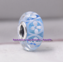 925 Sterling Silver Handmade Lampwork Blue Field of Flowers Murano Glass Charm - £3.62 GBP