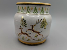 Italy Small Ceramic Hand Painted pot Reindeers Gold Accent Signed - AS I... - £9.93 GBP