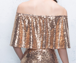 Off Shoulder Gold Sequin Dresses Women Plus Size Long Maxi Sequined Evening Gown image 4