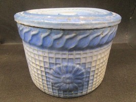Antique Old Stoneware Glazed Blue flower Pattern Cookie Jar Bakery Container - £27.86 GBP