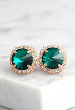 3Ct Round Cut Lab Created Green Emerald Halo Stud Earrings 14K Rose Gold Plated - £101.02 GBP