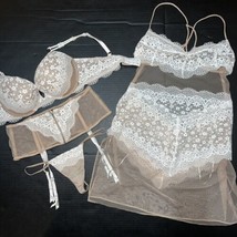 Victoria&#39;s Secret 36C Bra Set+Garter+M Thong+L Slip Beige White Coconut Lace - £170.27 GBP