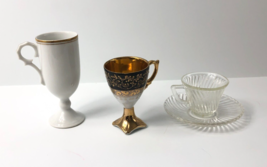 3 Tea Cups Clear Swirl Federal Glass Black and Gold  White Pedestal Vtg - $30.98