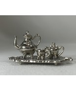 Vintage  1980&#39;s Dollhouse Silver Toned Tea Set Creamer Sugar Etched Tray... - $21.72 CAD