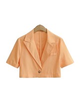 TRAF Women Fashion Cropped Linen Blazer Coat Vintage Short Sleeve Front ... - £89.47 GBP