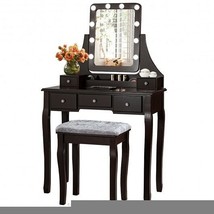 Vanity Dressing Table Set with 10 Dimmable Bulbs and Cushioned Stool-Brown - Col - £146.35 GBP