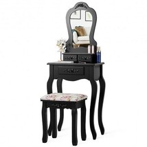 Makeup Dressing Table and Bench 3 Drawers and Cushioned Stool for Girls-Black -  - £108.95 GBP