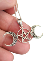 Triple Moon Pentacle Pendant 18&quot; Chain 925 Sterling Silver Wicca Pagan Boxed  - £35.00 GBP
