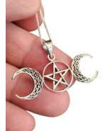 Triple Moon Pentacle Pendant 18&quot; Chain 925 Sterling Silver Wicca Pagan B... - £35.46 GBP