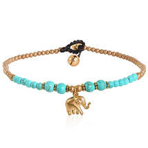 Noble Elephant with Green Turquoise &amp; Brass Beads Handmade Anklet - £7.60 GBP