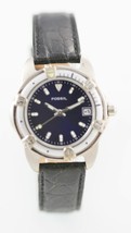 Fossil Uhr Damen Schwarz Leder Edelstahl Silber 30m Datum Batterie Blau Quarz - £27.88 GBP