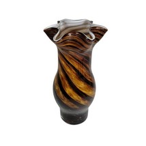 Large 11&quot; Tiger Striped Art Glass Ruffled Lip Vase Gold flecks Swirl Str... - £73.11 GBP