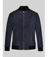 Handmade Genuine Lambskin Men&#39;s Jacket Navy Blue Bomber Suede Stylish We... - $2,386.81 MXN+