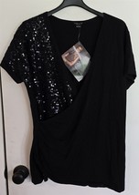 NWT Womens L Iman Black Sequins V-Neck Knit Short Sleeve Sweater - $8.91
