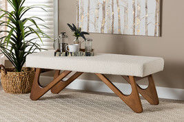Soleil Japandi Cream Boucle Fabric and Walnut Brown Bench - $3,095.82 MXN