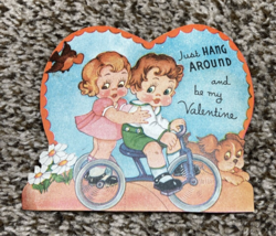 Vintage Valentines Day Card Boy Girl on Tricycle Dog Just Hang Around - £4.75 GBP