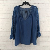 By Design Top Womens XL Blue Chambray Lace Long Sleeve V Neck Lyocell Blouse  - £17.29 GBP