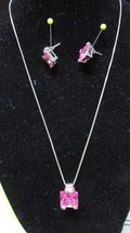 &quot;&quot;Large Square Pink Cubic Zarconia - Pendant And Earrings&quot;&quot; - .925 - Great Gift - £19.89 GBP