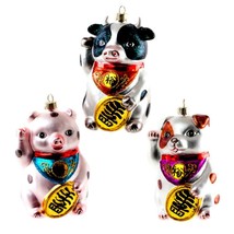 Set Of 3 Lucky Pig Cow And Dog Ornaments Glass Christmas Tree Maneki Neko Style - £46.97 GBP