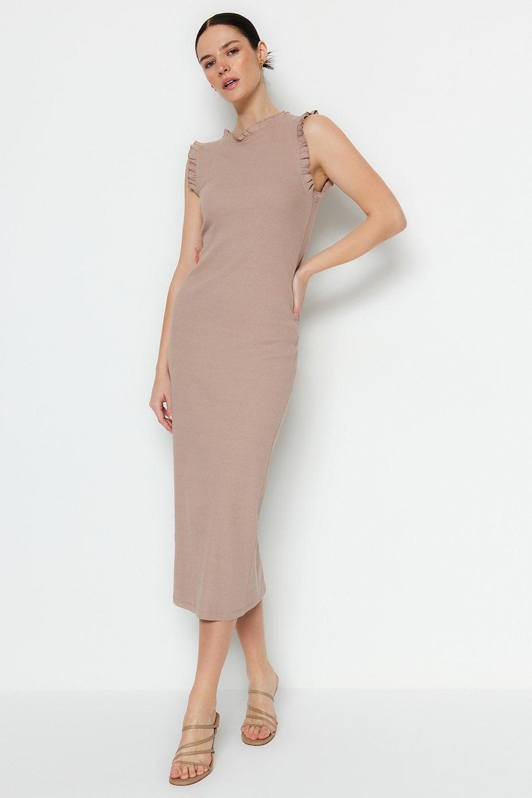 Mink Crew Neck Ruffle Detailed Fitted Ribbed Midi Smart Knitted Dress ...